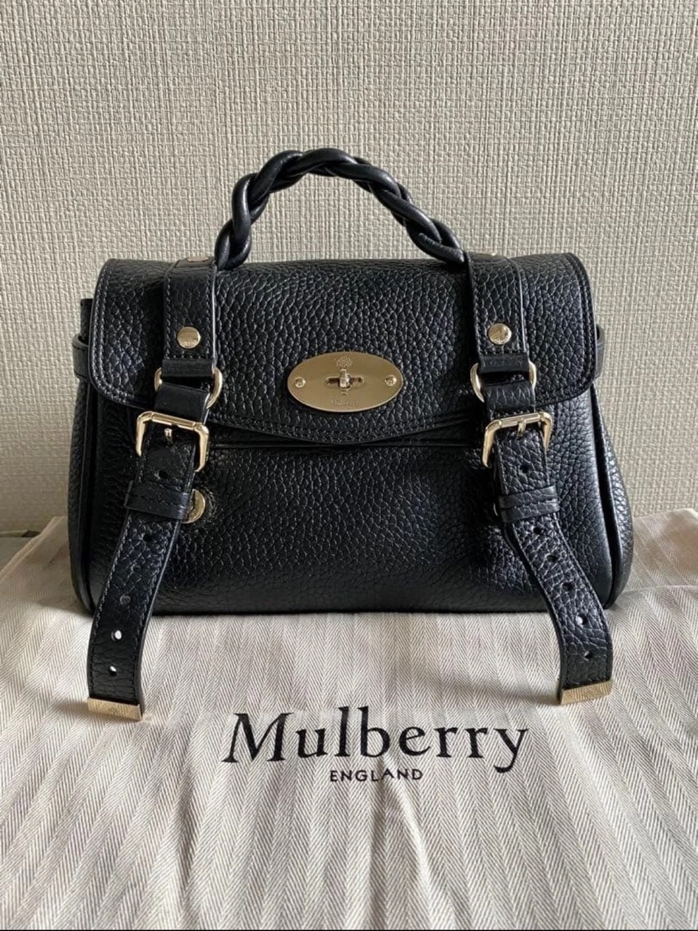 Mulberry Black Textured Leather Satchel with Braided Top Handle